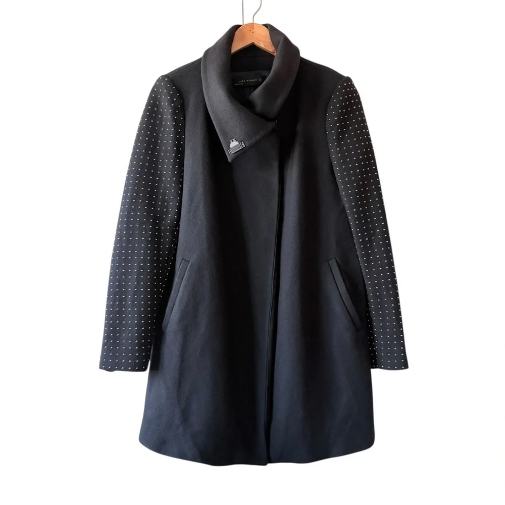 Zara Woman Navy Wool Coat with Studded Sleeves
